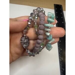 Set of 4 Beaded Stretch Bracelets Turquoise Stone Lavender Grey Druzy Heart